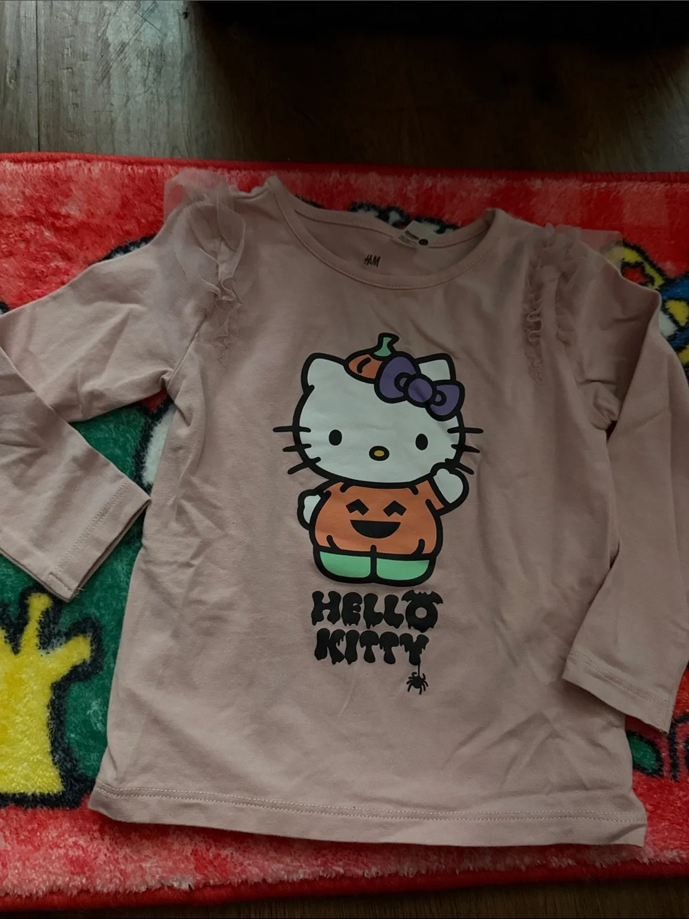 H&M Pink Hello Kitty Pumpkin Graphic Top with Orange, Green & Purple Accents